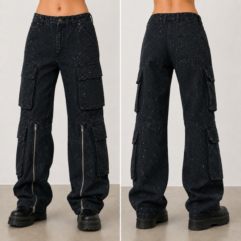 Zara Cargo Pants Womens XS Black Acid Wash Wide Leg‎ Multi Pocket High Rise Zips